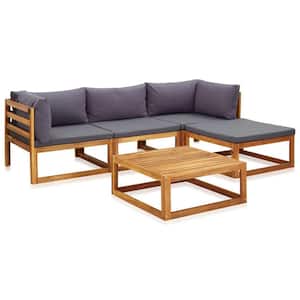 Brown 5-Pieces Patio Furniture Set Wood Outdoor Sectional Seat with Gary Cushion