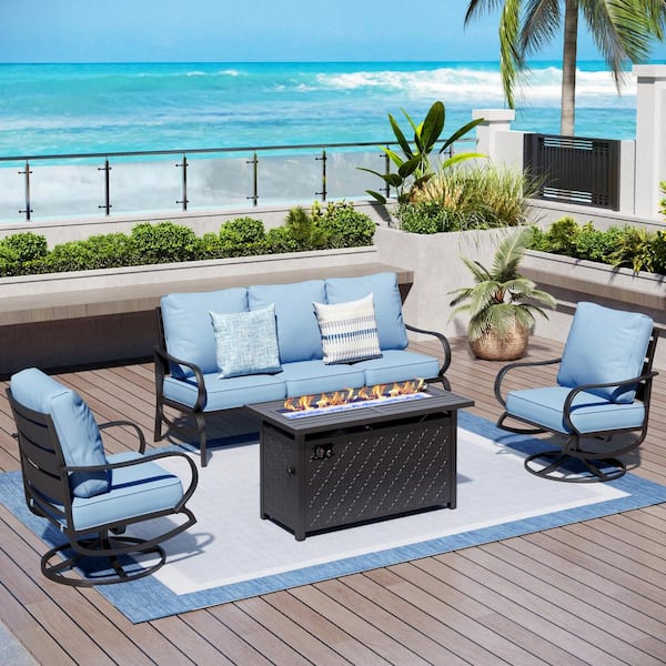 PHI VILLA 5 Seat 4-Piece Metal Outdoor Patio Conversation Set with Blue Cushions, Swivel Chairs, Rectangular Fire Pit Table