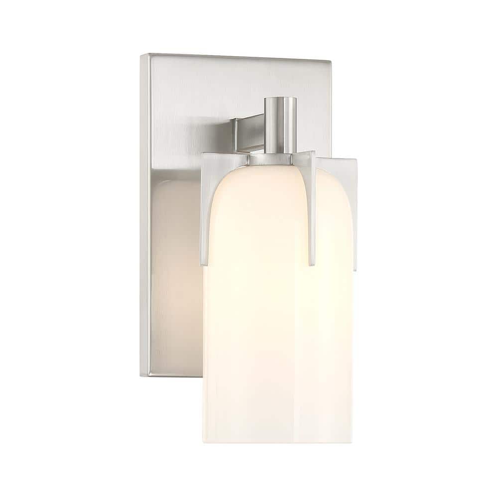 Satin Nickel Outdoor Dimmable Wall Sconce with Etched White Opal Glass Shade