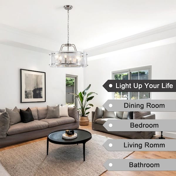 6-Light Silver Industrial Adjustable Height Chandelier Drum Clear Glass Dining Room Hanging Pendant Light