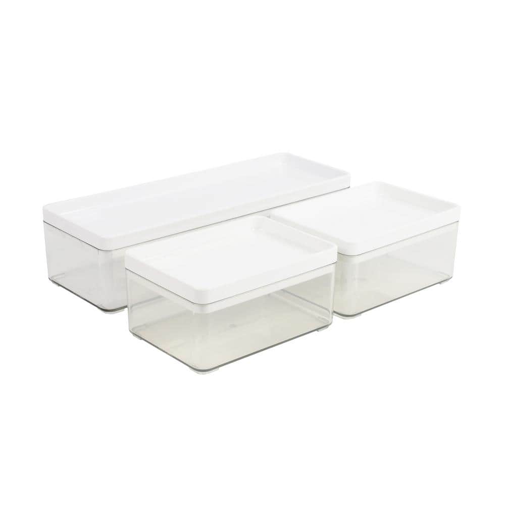 Clear Stackable Plastic Storage Boxes with White Lids, Set of 3