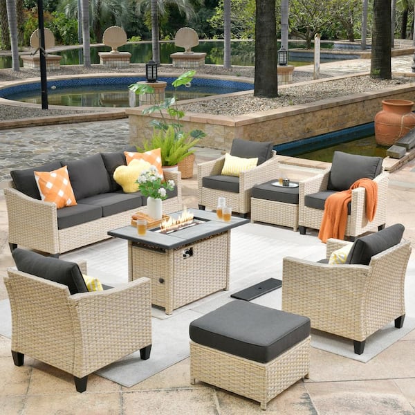 HOOOWOOO Oconee Beige 8-Piece Wicker Outdoor Rectangular Fire Pit Patio Conversation Sofa Seating Set with Black Cushions