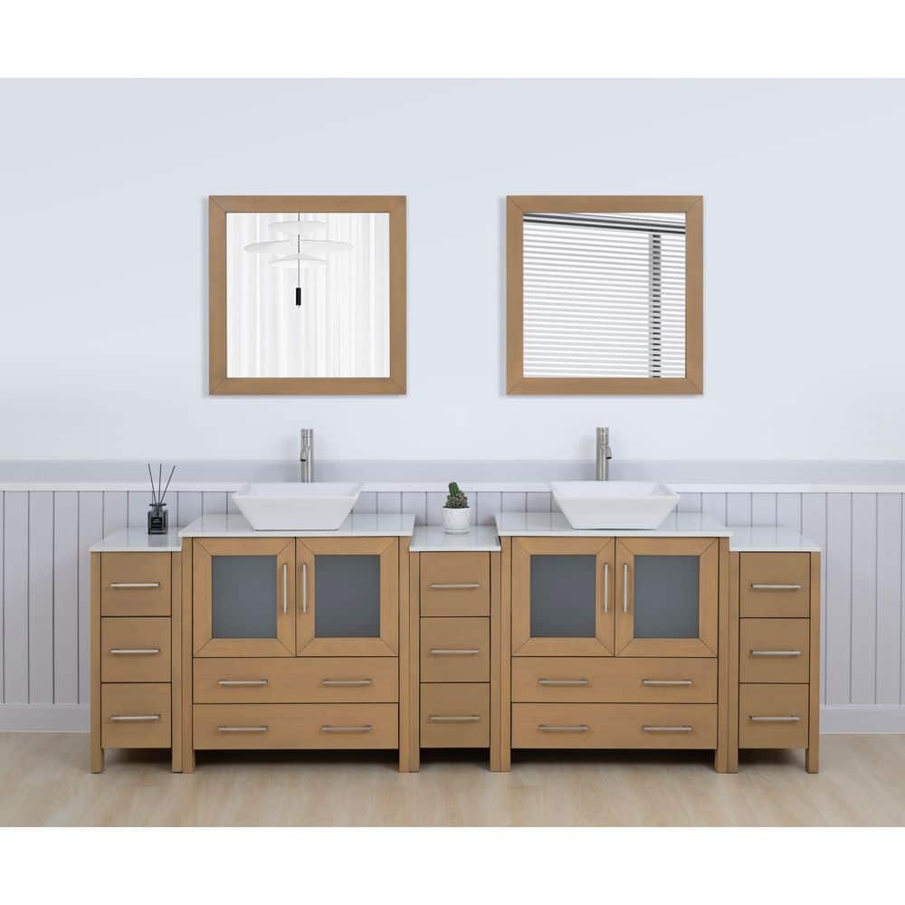 96 in. W Double Basin Natural Oak Bath Vanity with White Engineered Marble Top and Mirror price history on PriceWatchPro