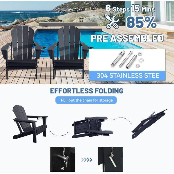 Black Outdoor Folding Plastic Adirondack Chair with Cup Holder for