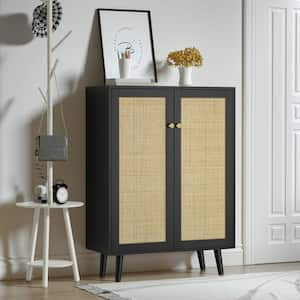 Black and Natural Rattan Wood 31.5 in. Sideboard Cabinet Buffet with Adjustable Shelf for Entryway