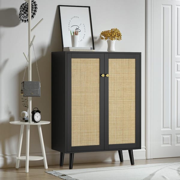 Aupodin Black and Natural Rattan Wood 31.5 in. Sideboard Cabinet Buffet with Adjustable Shelf for Entryway
