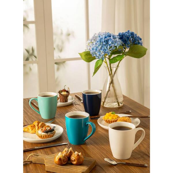 Wudkey 16 oz. Porcelain Coffee Mugs (Set of 6), Cups for Latte, Hot Tea, Cappuccino, Cocoa, Multicolor, Blue Assorted Colors