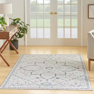 57 Grand Machine Washable Ivory Blue 4 ft. x 6 ft. Center medallion Contemporary Area Rug