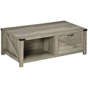 46 in. L x 16 in. H Rectangle Farmhouse Coffee Table with Storage and Drawer, Particleboard Top, Open Shelf, Grey Oak