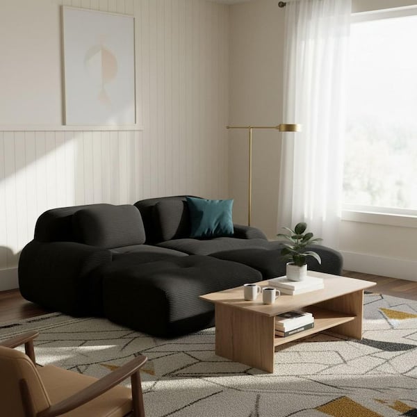 SMZO 81.8 in. Rolled Arm 4 Pieces Corduroy Modular Sectional Sofa in Ebony Black with Ergonomic Design, Pet-Friendly