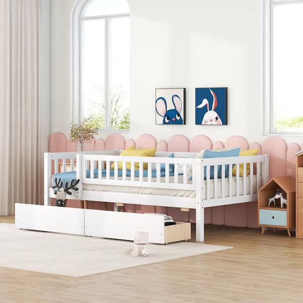 Harper & Bright Designs White Twin Size Wood Platform Bed with Full-Length Guardrail and 2-Drawers