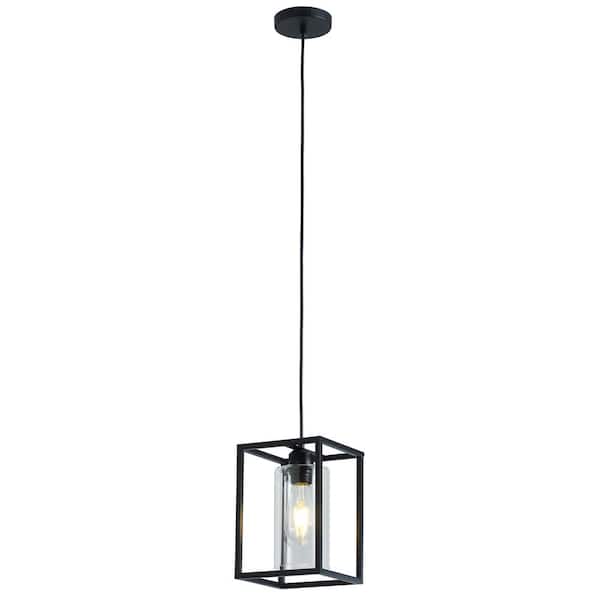 1-Light Black Square Pendant Light Farmhouse Island Vintage Hanging Light with Glass and Metal Shades - The Home Depot