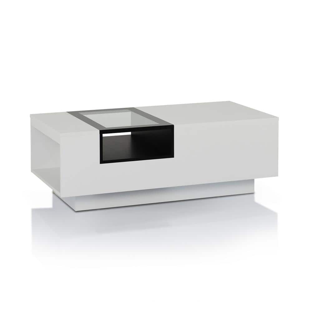 Murphey 47-inch White and Black Glass Top Coffee Table with Storage