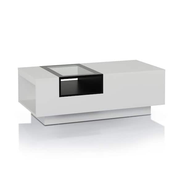 Furniture of America Murphey 47 in. White Rectangle Glass Top Coffee Table with Storage