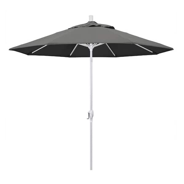 California Umbrella 9 ft. Matted White Aluminum Push Button Tilt Crank Lift Market Patio Umbrella in Charcoal Sunbrella