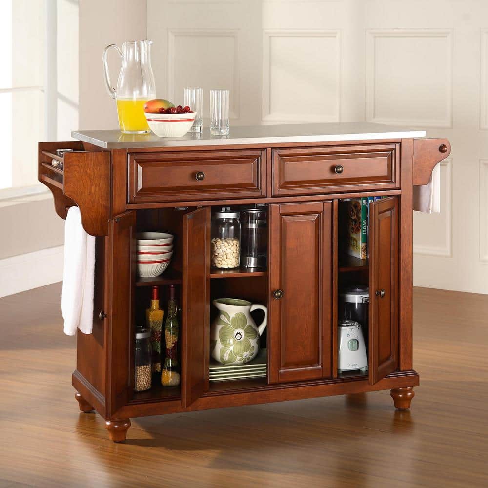 Cambridge Cherry Wood Kitchen Island with Stainless Steel Top