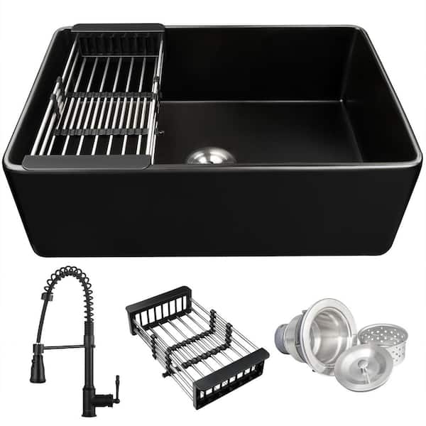 Black Fireclay 30 in. Single Bowl Apron-Front Kitchen Sink with Faucets, Basket Strainer