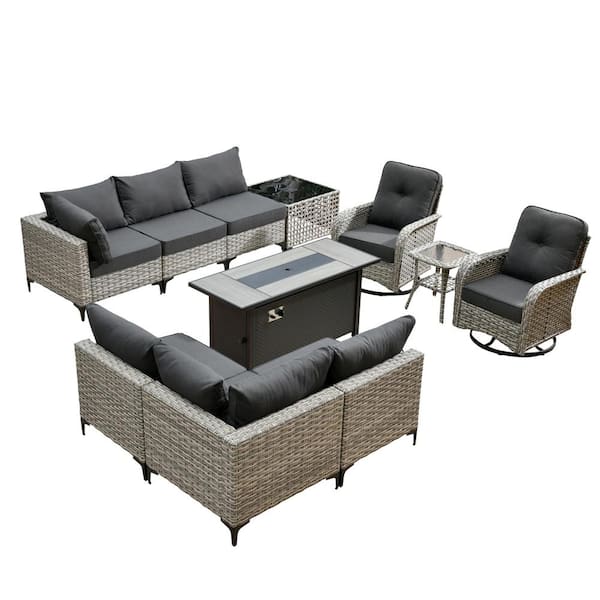 Holston 11-Piece Wicker Outdoor Patio Conversation Sofa Set with a Metal Fire Pit, Swivel Chairs and Black Cushions