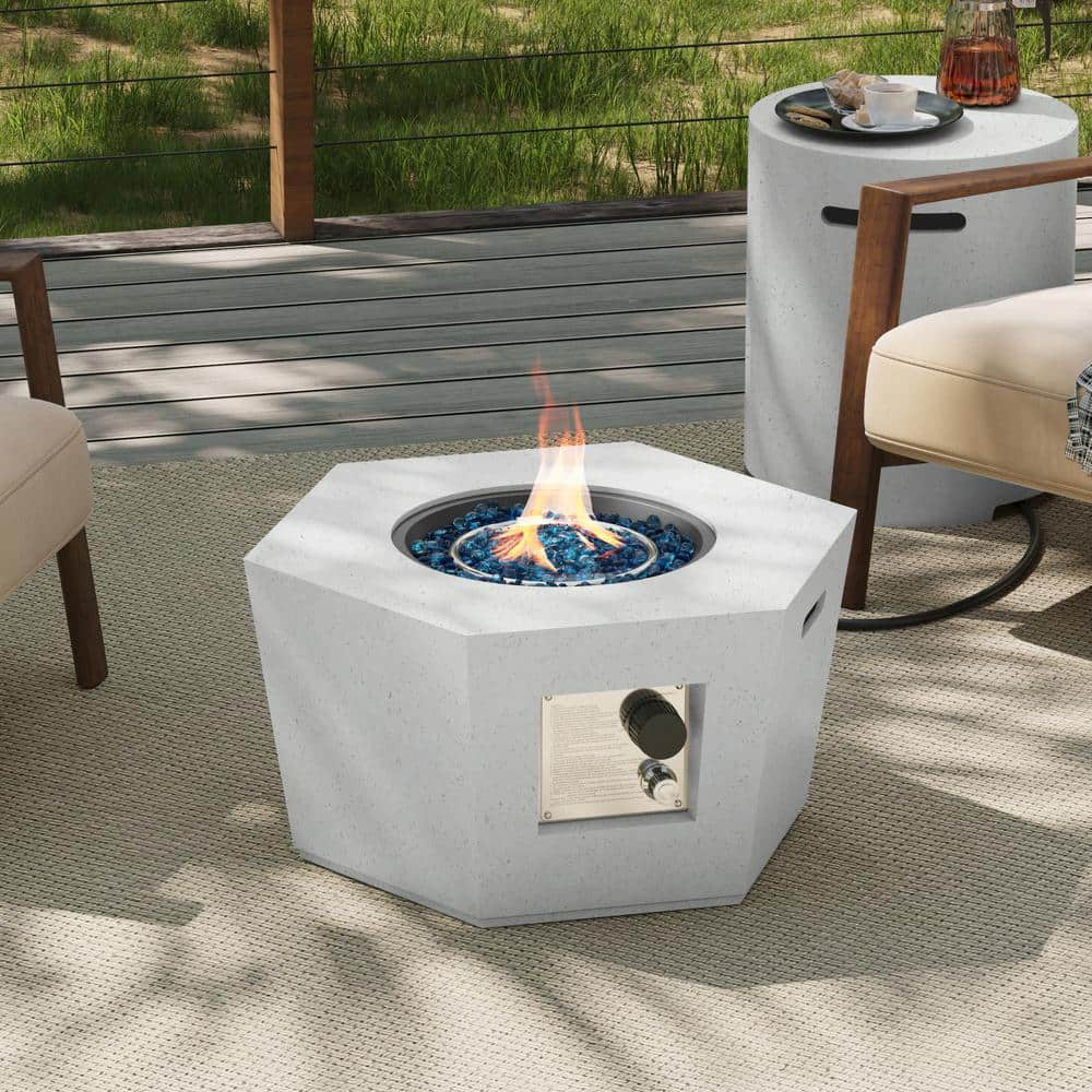 28 in. 40,000 BTU Off-White Hexagon Geometric Terrazzo Outdoor Propane Gas Fire Pit Table with Propane Tank Cover -  UPHA, 28SMS-6BX-MB