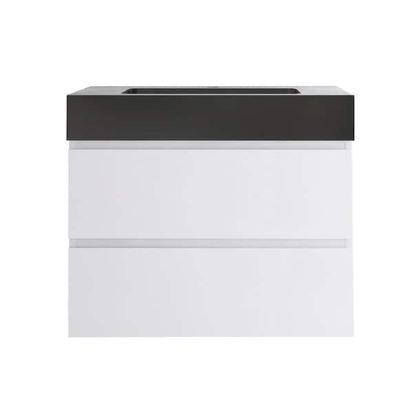 30 in. W x 18 in. D x 25 in. H Single Sink Floating Bath Vanity in White with Matt Black Solid Surface Top