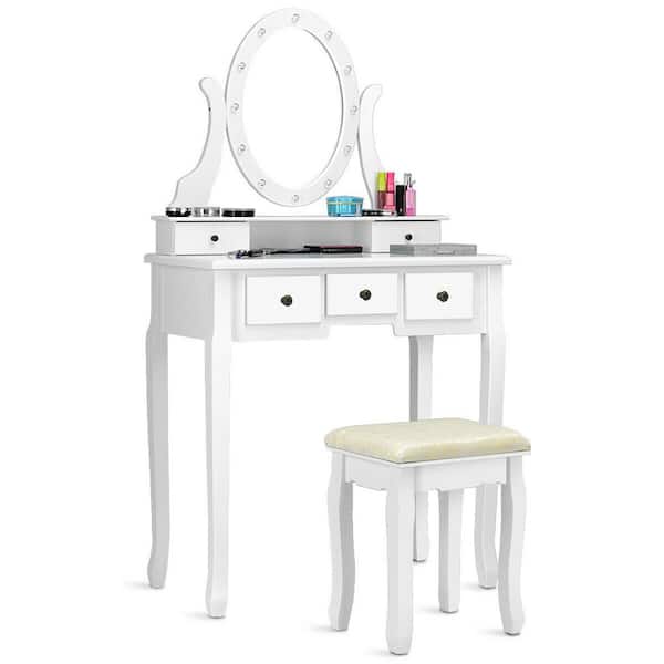 5 Drawer White Dressing Table Set, Mini White Vanity Table