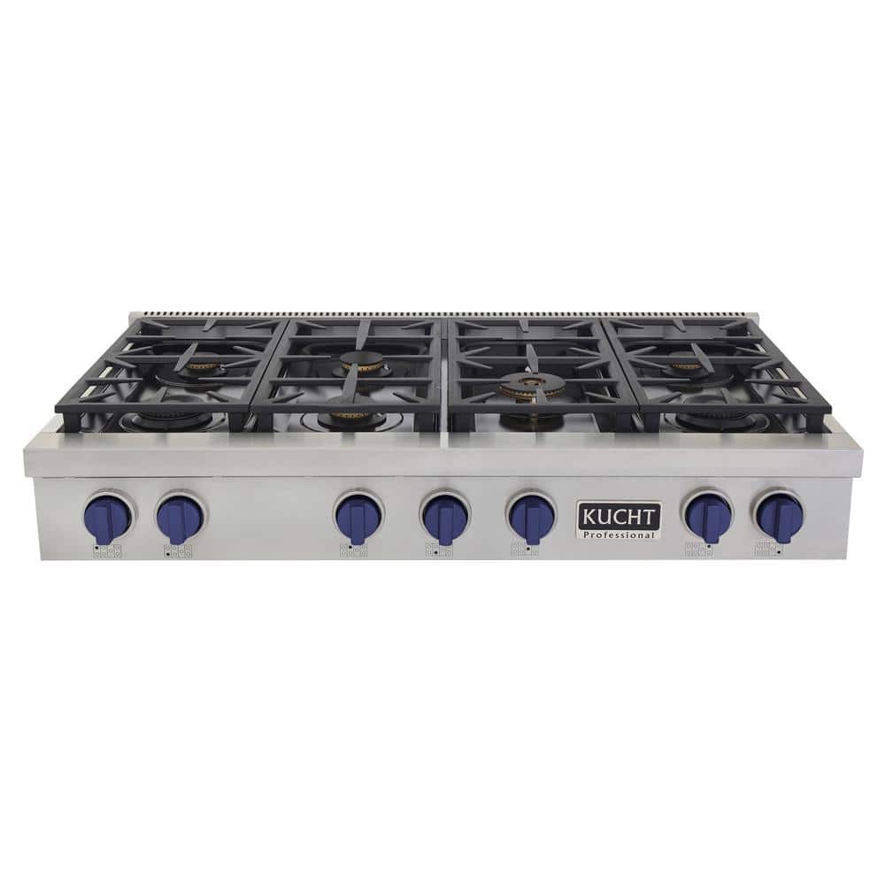 Kucht Professional 48 in. Natural Gas Range Top in Stainless Steel and Royal Blue Knobs with 7 Burners