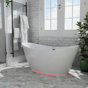 59 in Acrylic Flatbottom Not-Whirlpool Freestanding Bathtub with 7 Color Changing LED Lights in White