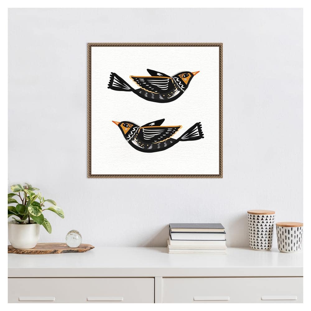 Nordic Folk Birds Abstract Canvas Wall Art with Beaded Frame