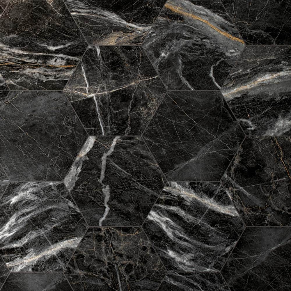 MOLOVO Elegance Marquina Gold Hexagon 8.9 in. x 7.7 in