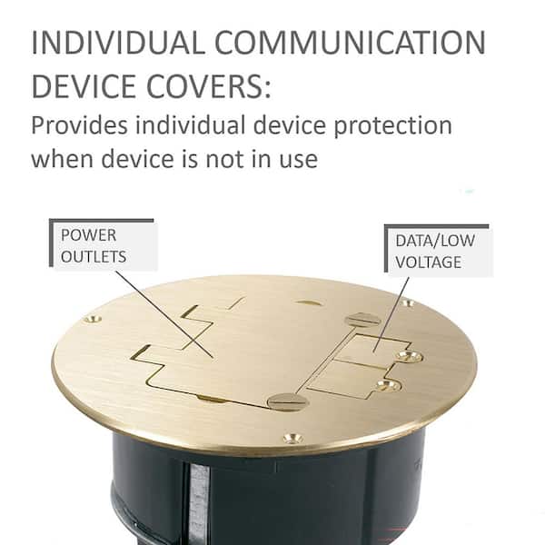 Wiremold Dual Service Floor Box Kit with 15 Amp Receptacle and 1 RJ45 Cat 5e Jack, Coax F Jack, Brass Cover