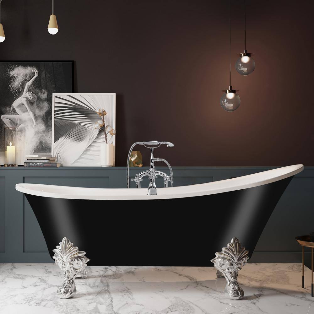 60'' Glossy Black Acrylic Clawfoot Freestanding Bathtub with Chrome Faucet