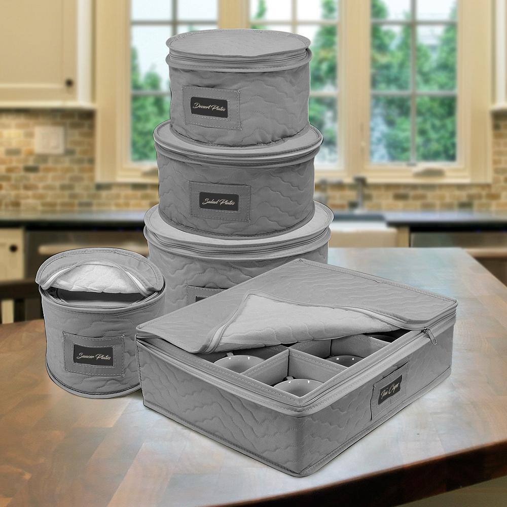 Gray Quilted 5-Piece Dinnerware Storage Set for 12