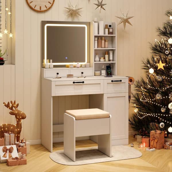 Makeup Vanity Set w/Cushioned Stool Makeup Table w/Adjustable Lighting Mode Brightness
