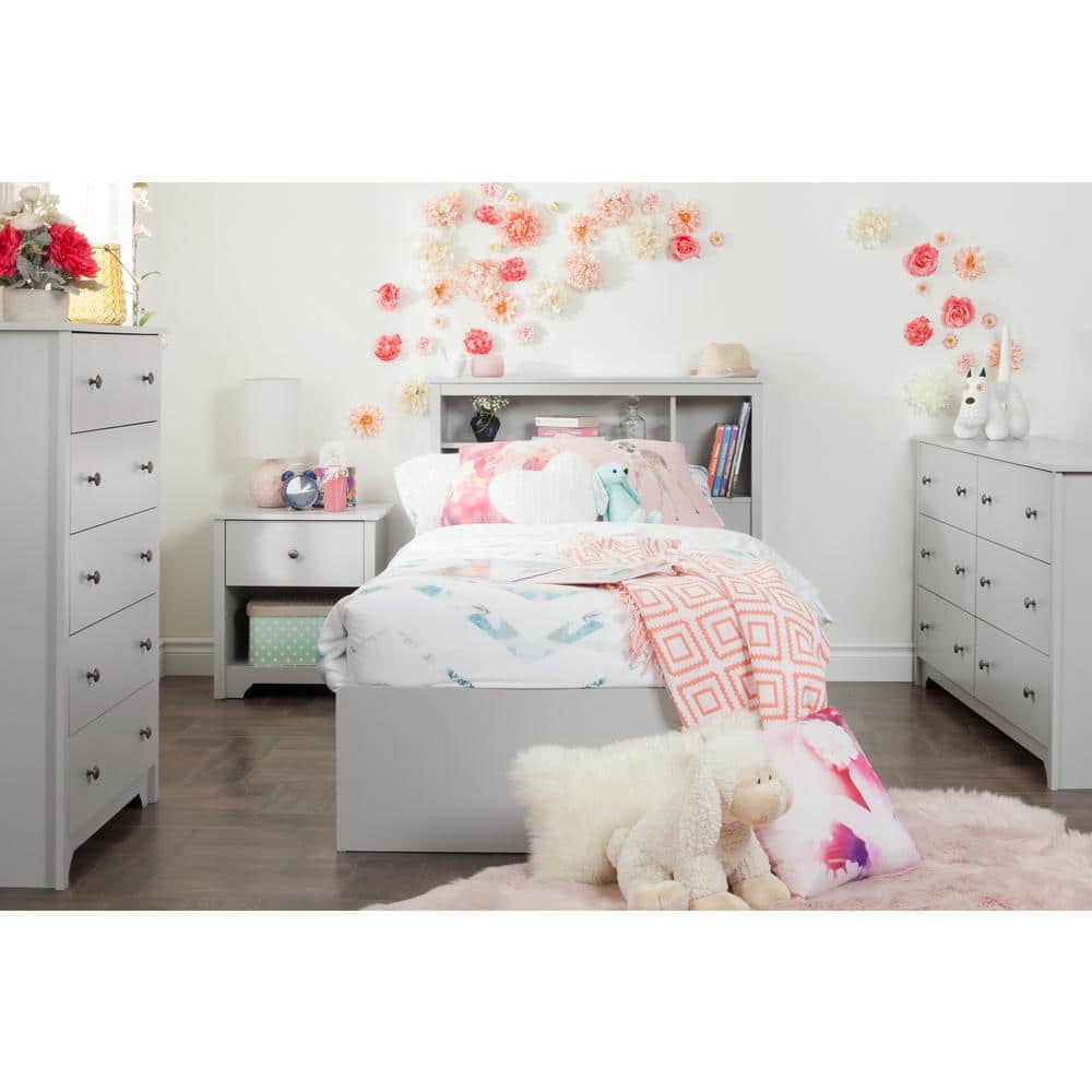 Soft Gray Twin Wood Platform Bed with Bookcase Headboard and Storage Drawers