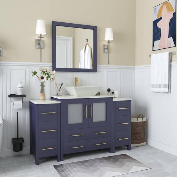 Vanity Art Ravenna 54 in. W Single Basin Bathroom Vanity in Blue with White Engineered Marble Top and Mirror