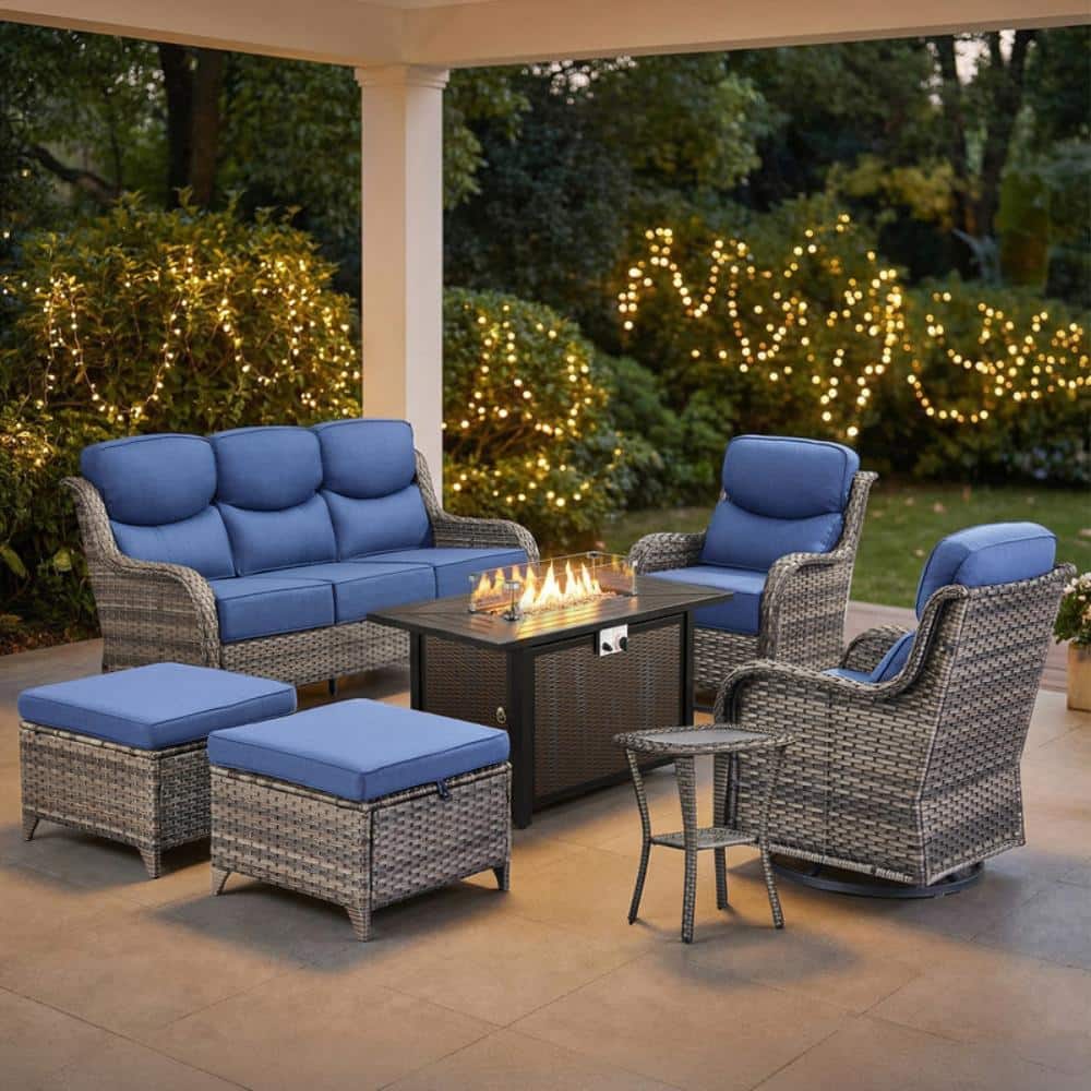 NovaSwivel 7PCS Gray Wicker Patio Conversation Set with Outdoor Swivel Gliders with Fire Pit and 6 in. Blue Cushions price history on PriceWatchPro