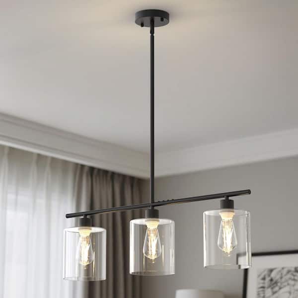 3-Light Black Island Pendant with Oversize Clear Glass Shades, DIY KD Hanging Light for Dining Room and Kitchen Island