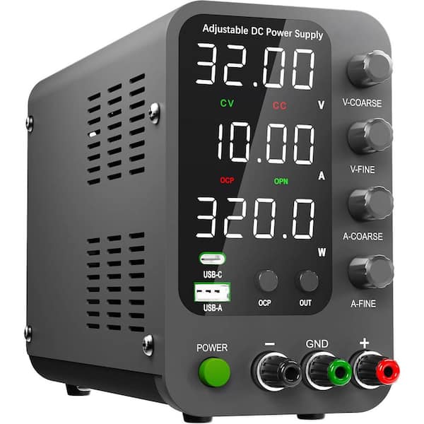 DC Power Supply 0-32V 0-10A Switching with 20W USB and Type-C Quick-Charge, LED Display, Corase and Fine Adjustment Knob