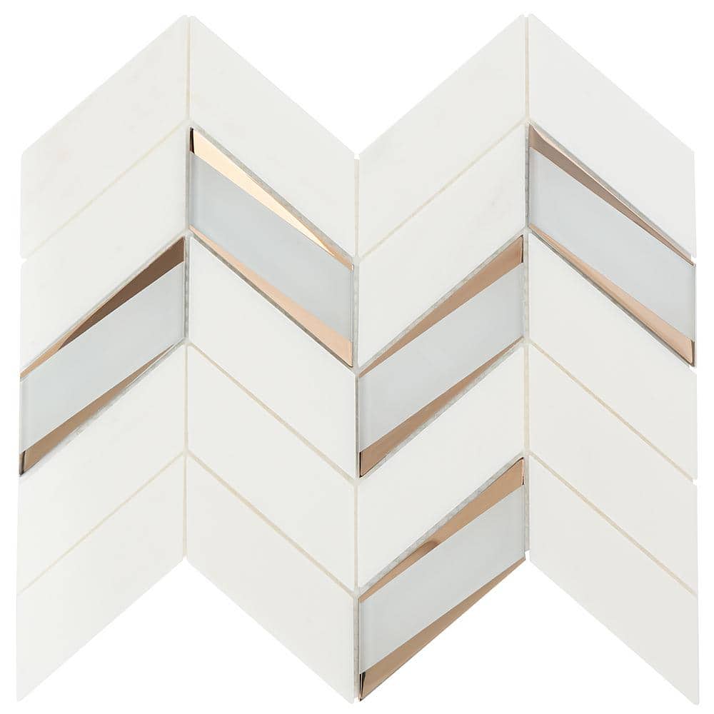 Verona Polished White Marble and Glass Chevron Mosaic Tile