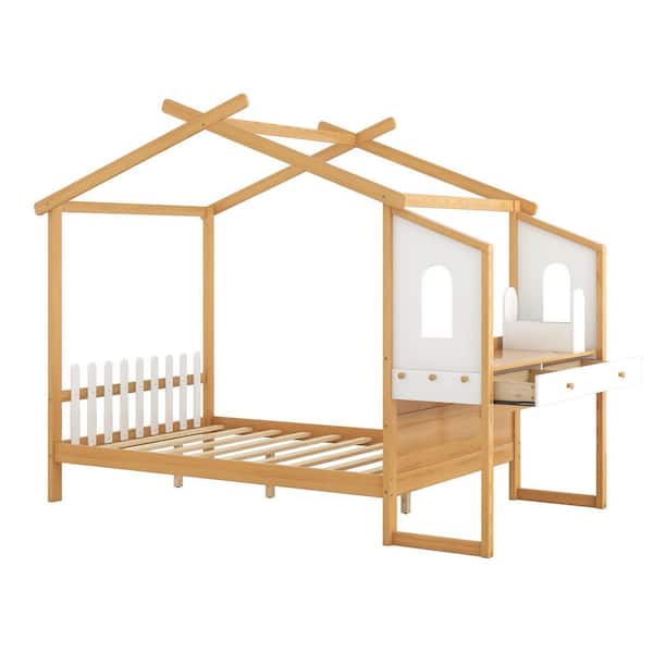 URTR Natural Full Size Platform Bed with Built-in Desk and Two Drawers, Wood House Bed with Storage Pen Case for Girls, Boys
