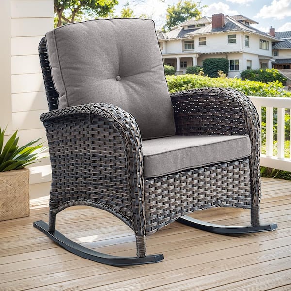 Opohoro PlainCurve Metal and Brown Wicker Outdoor Rocking Chair with Olefin Gray Cushions