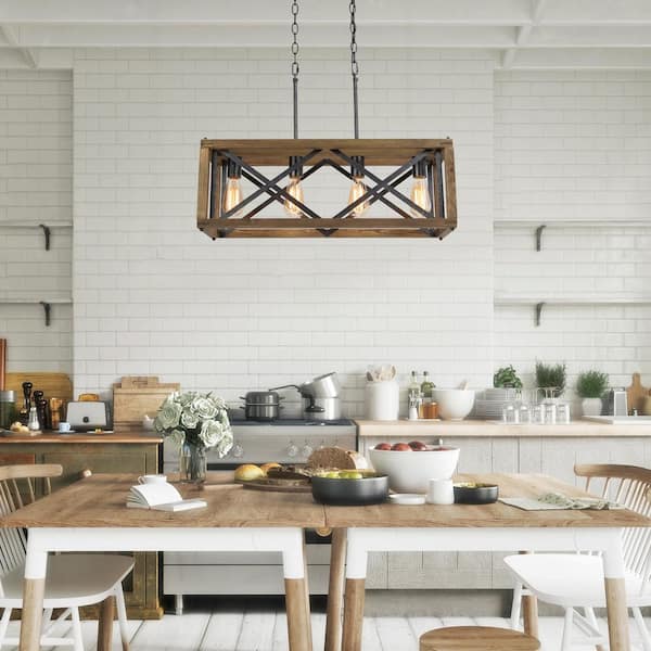Modern Farmhouse Wood Chandelier 4-Light Black Cage Rectangle Island Chandelier for Kitchen Dining Room