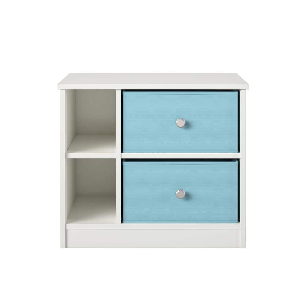 Mya Park Nightstand with 2 Fabric Bins, White w/ Blue Bins