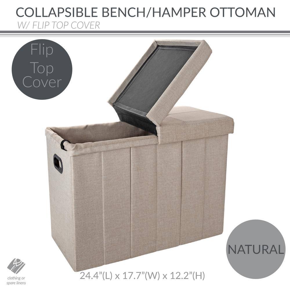 Off-White Polyester Collapsible Flip-Top Ottoman with Laundry Hamper