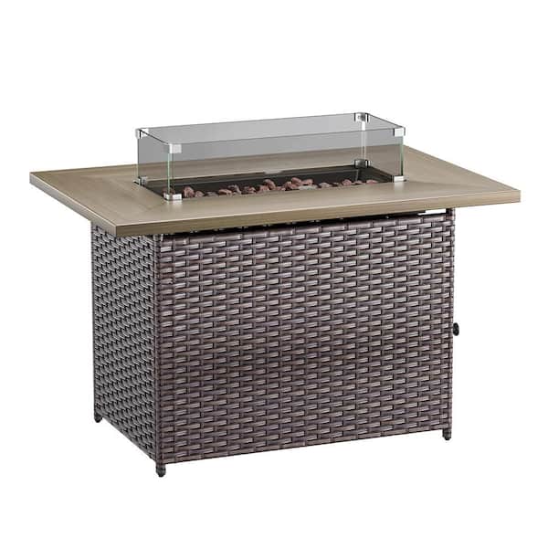 Brown 41 in. Wicker Rectangular Outdoor Gas Fire Pit Table with 50000 BTU Propane Natural Gas, Glass Wind Guard