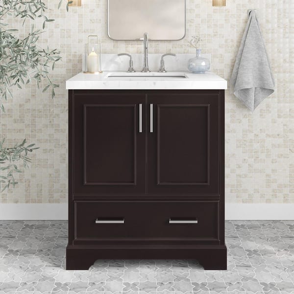 ARIEL Stafford 30 in. W x 22 in. D x 36 in. H Single Freestanding Bath Vanity in Espresso with Carrara White Quartz Top
