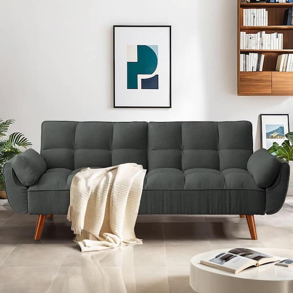WONDER COMFORT Elegant 75 in. Dark Gray Linen Twin Size Sofa Bed Futon Convertible Couch Loveseat for Living Room