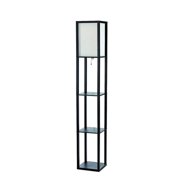 Simple Designs 63.3 in. Etagere Black Floor Lamp Organizer Storage Shelf with Linen Shade