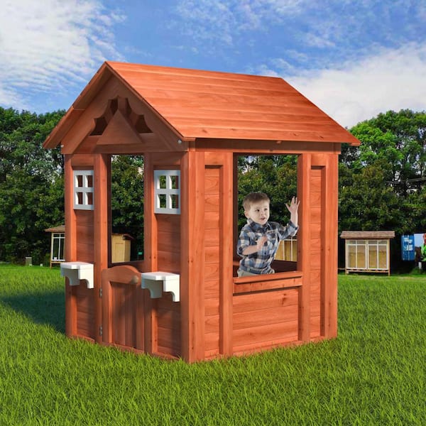 Outdoor Wood Playhouse with 2 Windows and Flowerpot Holder for Kids