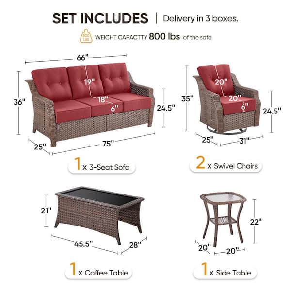 Modern Farmhouse 5-Piece Brown Wicker Patio Conversation Set with 6 In. Red Cushions/Swivel Chairs with Coffee Table